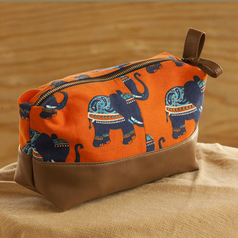 Accessories - Elephant Print With Tan Faux Leather Travel / Cosmetic Pouch